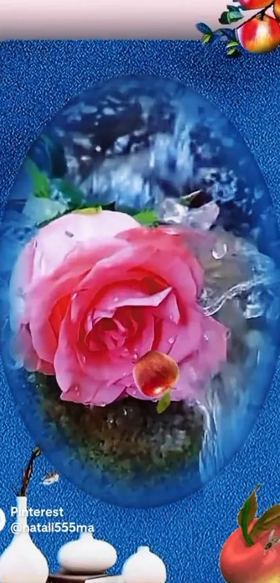 Pink rose amidst waterfall in elegant design.