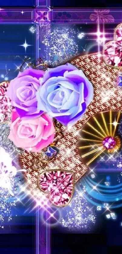 Vibrant wallpaper with roses, jewels, and a butterfly.