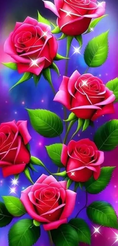 Vibrant pink roses with green leaves on a colorful background.