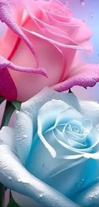 Pink and blue roses with dewdrops mobile wallpaper.