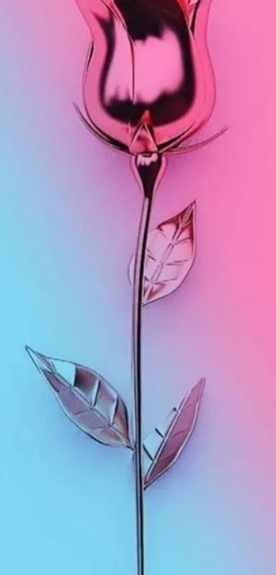 Metallic rose on pink and blue gradient background.