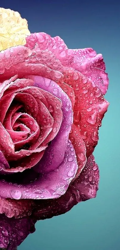 Vibrant rose with water droplets on gradient background.