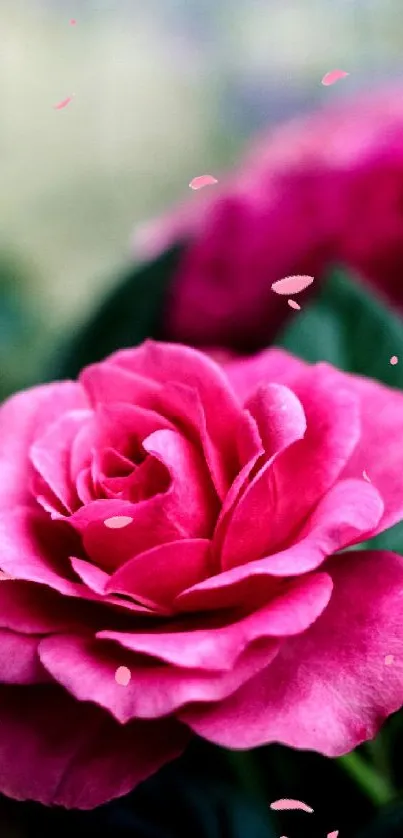 Close-up of a vibrant crimson rose with green leaves.