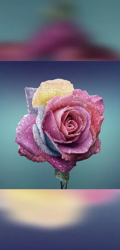 Multi-colored rose with dew on a blue-green gradient background.