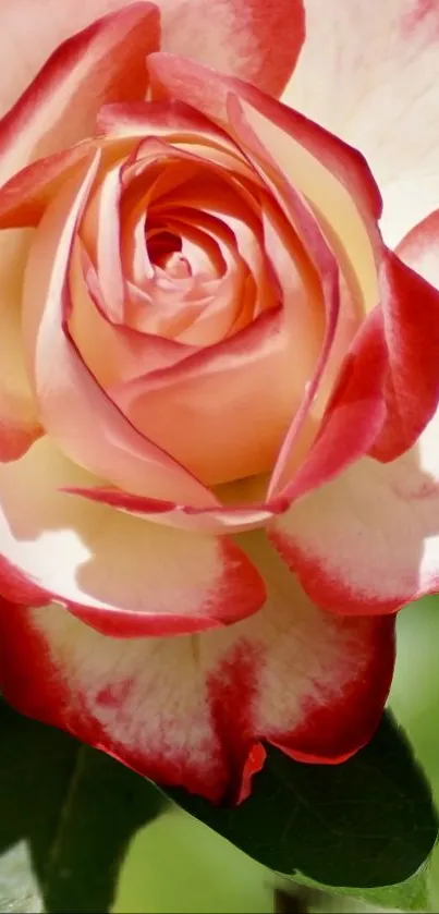 Close-up of a vibrant red and white rose on a mobile wallpaper.