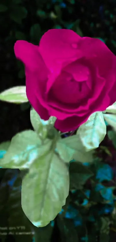 Vibrant pink rose with green leaves on dark background.