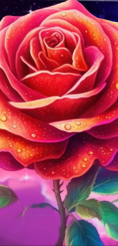 A vibrant pink rose with dew drops on a mystical purple background.