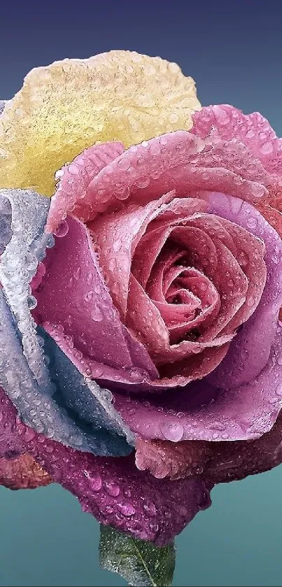 Vibrant multicolored rose with water droplets on petals.