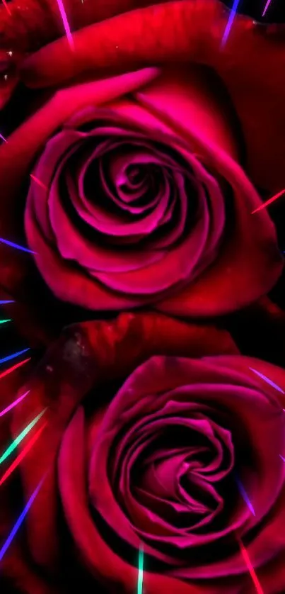 Vibrant neon roses against a dark background with colorful accents.