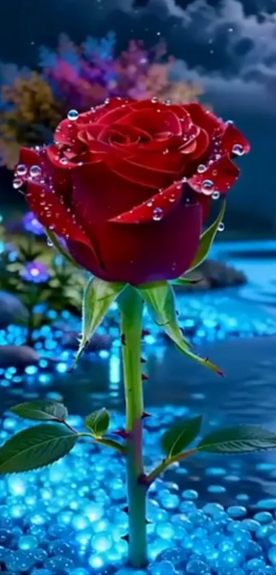 A vibrant red rose with dew against a magical night backdrop.