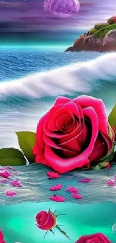 Enchanting rose surrounded by sea waves with a mystical landscape.