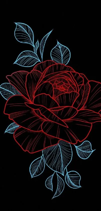 Red rose with blue leaves on a black background, perfect for mobile wallpaper.