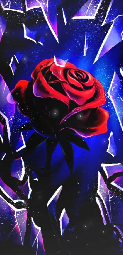 Red rose on dark blue background with glowing accents.