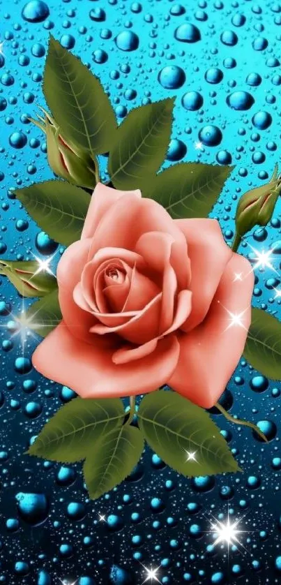 Pink rose with dewdrops on blue backdrop.