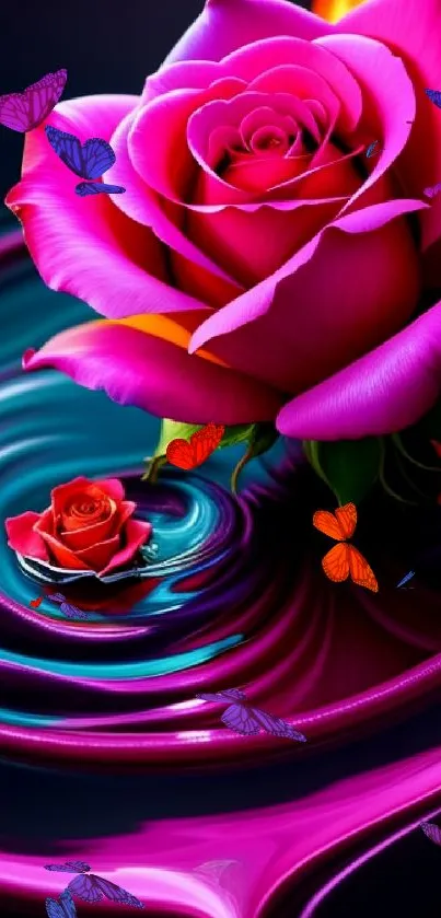 Vibrant pink rose with swirling flames on a colorful background.