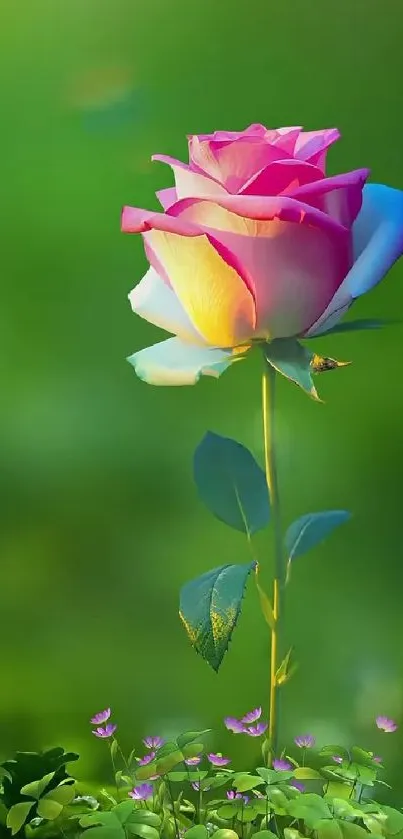 A vibrant multicolored rose on a lush green background.