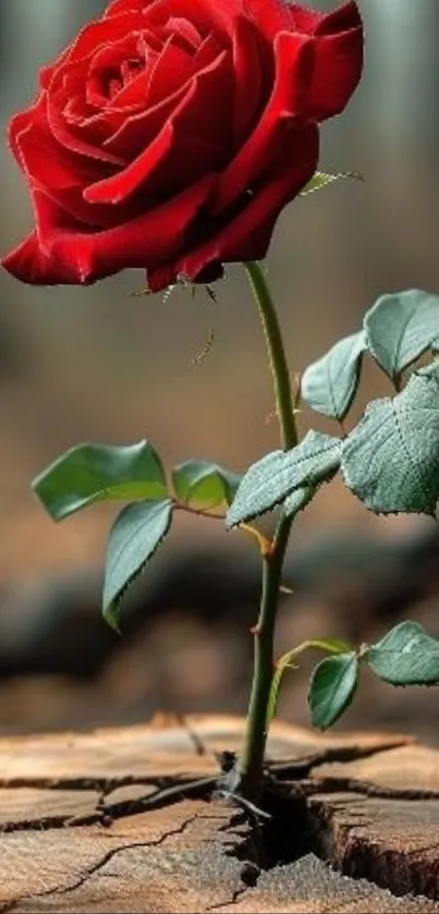 Red rose growing on a wooden stump, vibrant and natural.