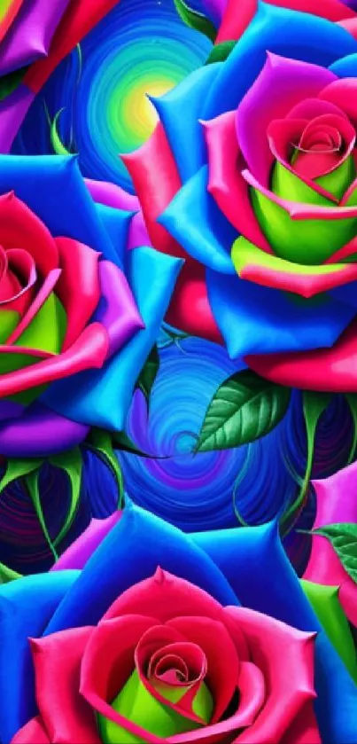 Vibrant blue and pink rose pattern wallpaper with vivid details.