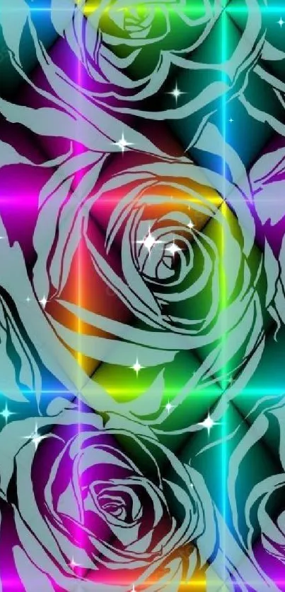 Vibrant neon rose pattern on black background wallpaper.