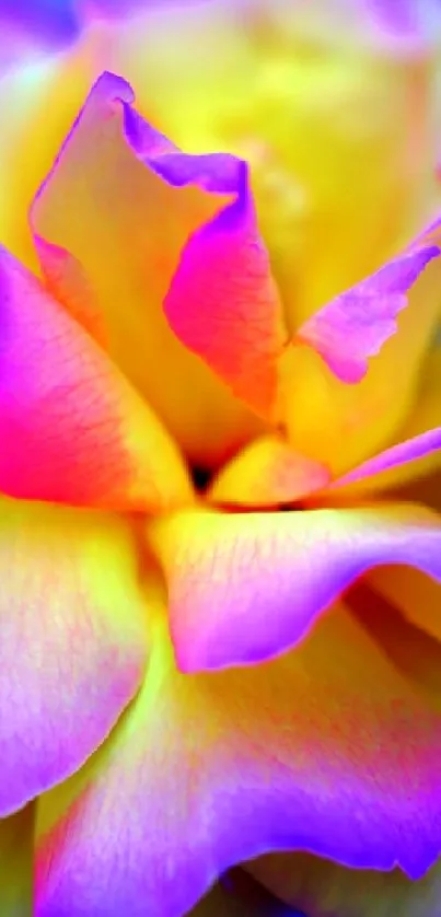 Close-up of vibrant pink rose petals with yellow and blue highlights.