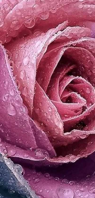 Close-up of pink rose petals with dew drops.