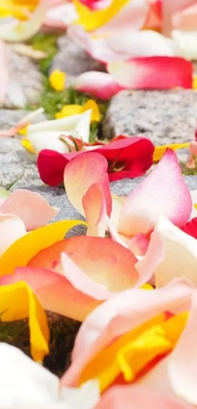 Colorful rose petals scattered on stone pathway.