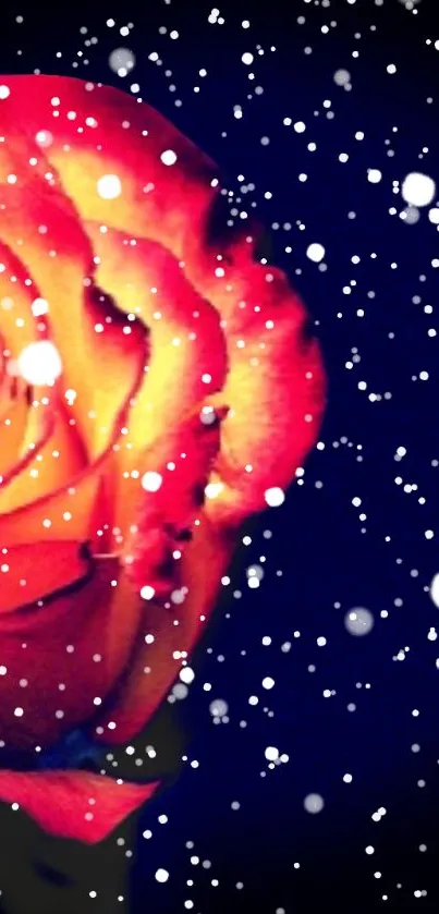 Vibrant red rose with snowfall on dark background.