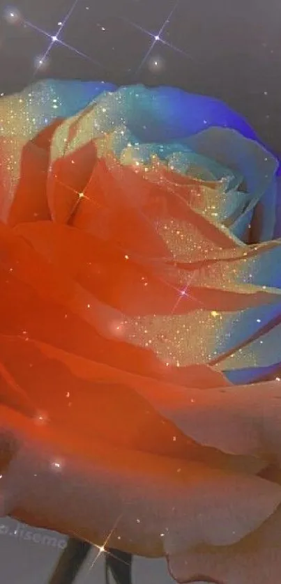 A vibrant rose with sparkles, featuring red-orange and blue hues.