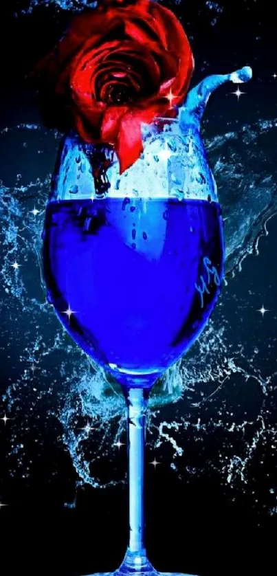 Red rose with water splash in a blue glass on phone wallpaper.