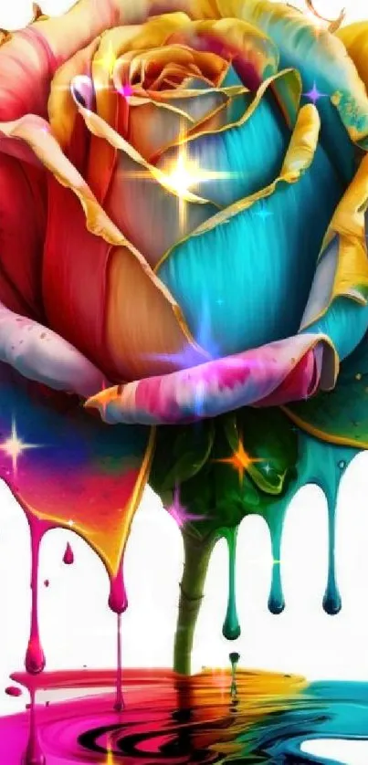 Vibrant rainbow-colored rose with dripping paint effect.