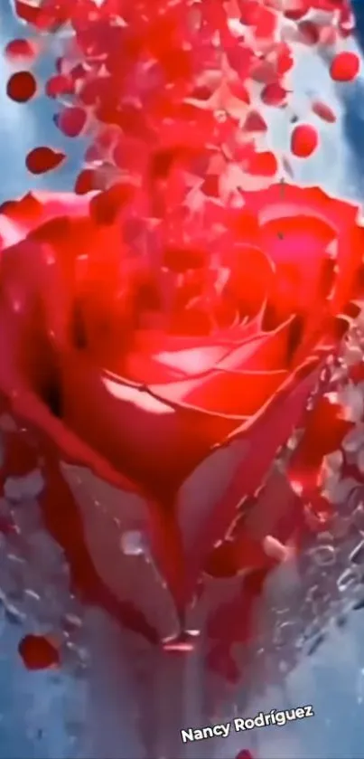Stunning red rose dissolving in water with vibrant petals.
