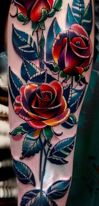 Vibrant rose tattoo with intricate design on arm.