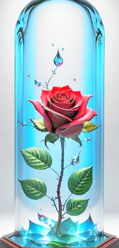 Vibrant pink rose under glass dome with blue hue.