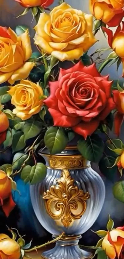 Vibrant bouquet of red and yellow roses in an ornate vase, set against a dark background.