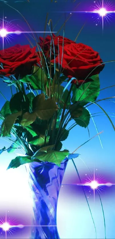 Vibrant red roses in a vase on a blue background with stars.