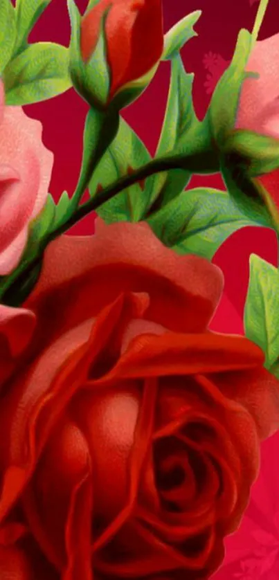 Vibrant wallpaper with red roses and green leaves.