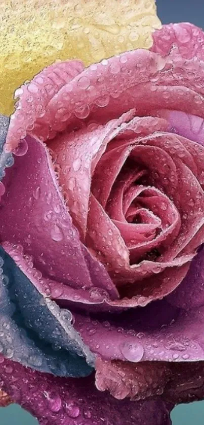 Close-up of a vibrant rose with water droplets on its delicate petals.