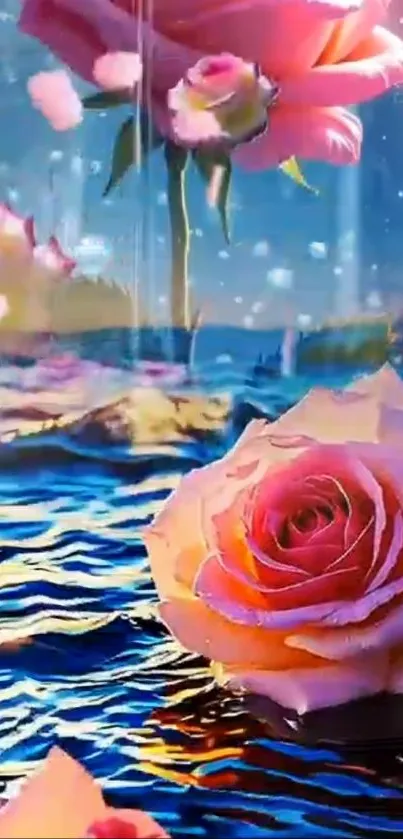 Flowing waterfalls with pink roses in vibrant wallpaper.