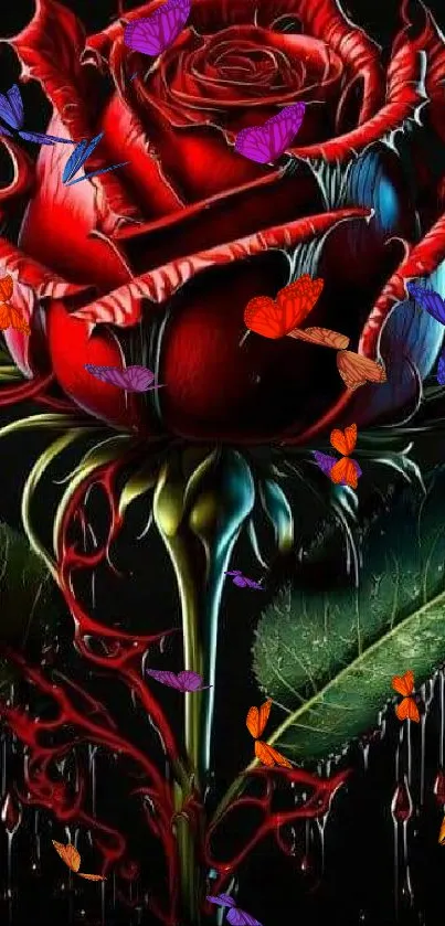 Red rose with colorful butterflies and a dark background.