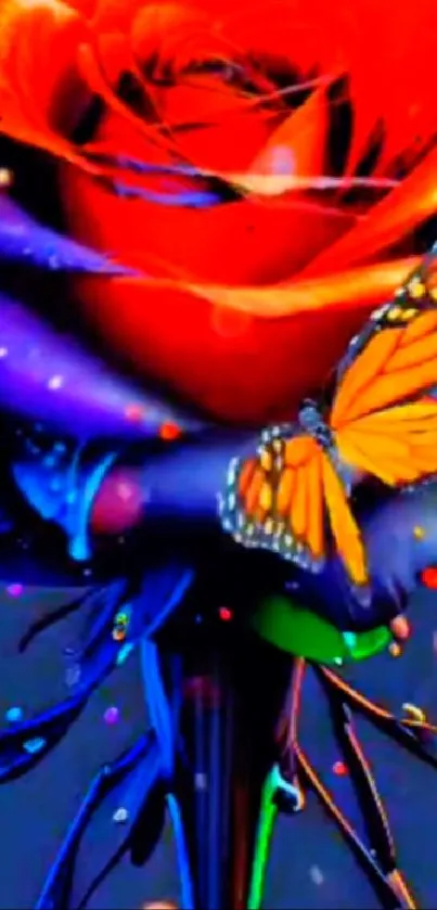 Vibrant red rose and butterfly mobile wallpaper art.