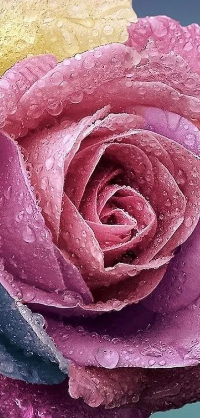 Close-up of a vibrant, dew-covered rose with multi-colored petals.