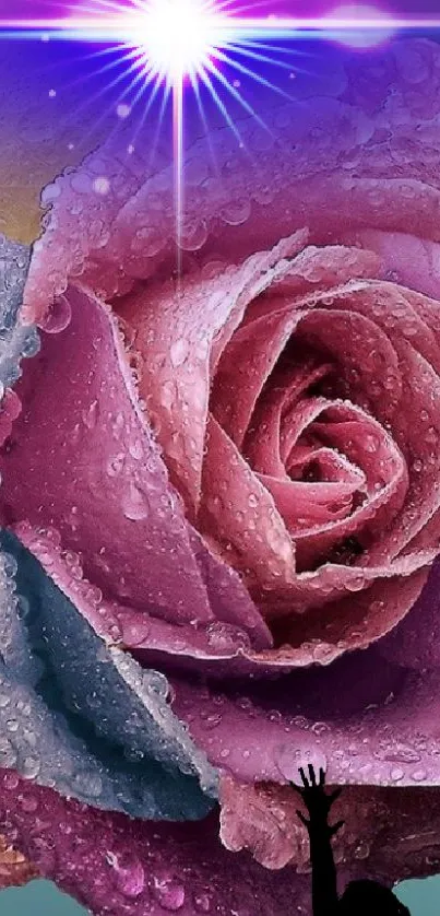 Pink rose with dew against a purple backdrop.