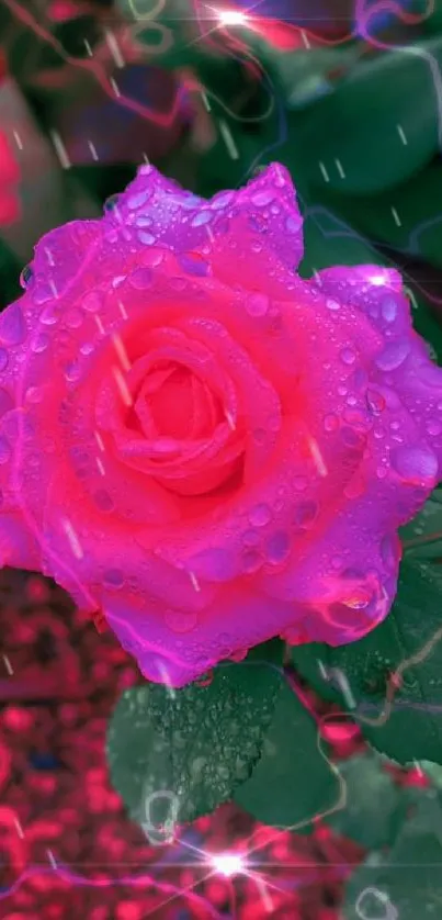 Vibrant pink rose with neon glow and water droplets in a garden.