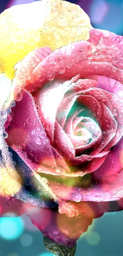 Vibrant rose with colorful petals and water droplets.