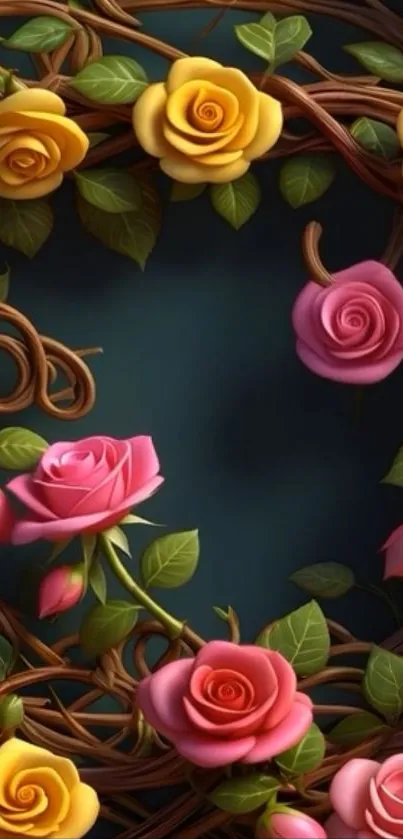 Vibrant wreath of pink and yellow roses with dark green background.