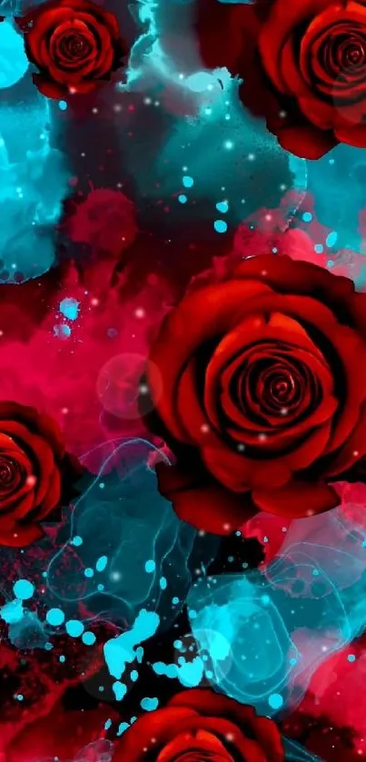 Mobile wallpaper with red roses and aqua splash art.