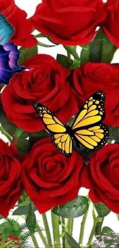 Mobile wallpaper with red roses and colorful butterflies.