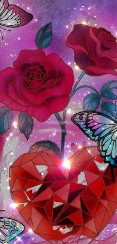 Colorful wallpaper with roses, butterflies, and a red heart on purple.