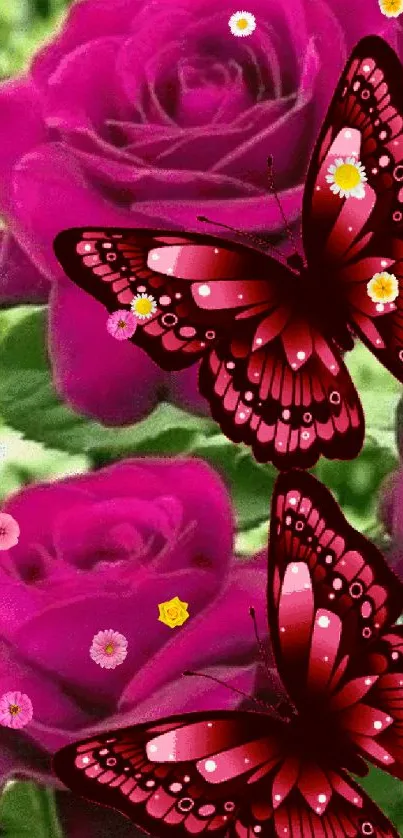 Pink roses and butterflies mobile wallpaper.