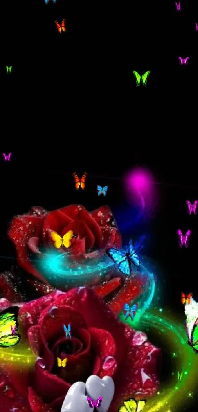 Colorful roses and butterflies on a black background.